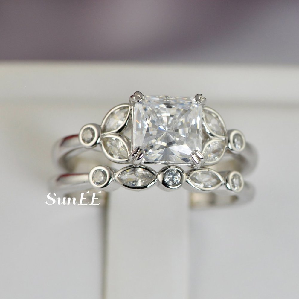 14k WHITE GOLD 925 STERLING SILVER PRINCESS CUT WEDDING BAND ENGAGEMENT RING - Picture 2 of 11